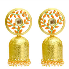 Gold Rodium Polish Green color Earrings in Brass studded with Pearl
