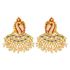 Gold Rodium Polish Red and Maroon color Earrings in Brass studded with Kundan