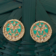 Gold Rodium Polish Green color Earrings in Brass studded with Kundan, Pearl
