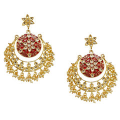 Gold Rodium Polish Red and Maroon color Earrings in Brass studded with Kundan