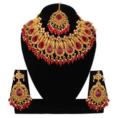 Gold Rodium Polish Red and Maroon color Necklace in Metal Alloy studded with Austrian diamond, Kundan