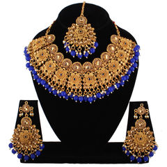 Gold Rodium Polish Blue color Necklace in Metal Alloy studded with Austrian diamond, Kundan