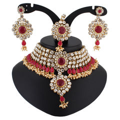 Gold Rodium Polish Red and Maroon color Necklace in Metal Alloy studded with Austrian diamond, Kundan