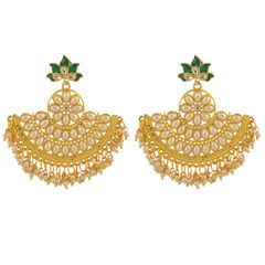 Gold Rodium Polish Green color Earrings in Brass studded with Kundan, Pearl