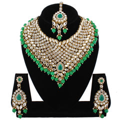 Gold Rodium Polish Green color Necklace in Metal Alloy studded with Austrian diamond, Kundan