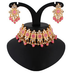 Gold Rodium Polish Pink and Majenta color Necklace in Metal Alloy studded with Austrian diamond, Kundan