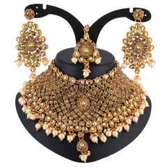 Gold Rodium Polish Beige and Brown color Necklace in Metal Alloy studded with Austrian diamond, Kundan