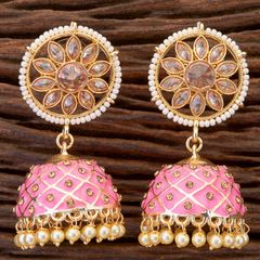 Gold Rodium Polish Pink and Majenta color Earrings in Brass studded with Pearl