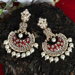 Gold Rodium Polish Red and Maroon color Earrings in Brass studded with Kundan
