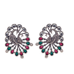 Gold and Silver Rodium Polish Green, Red and Maroon color Earrings in Brass studded with Beads