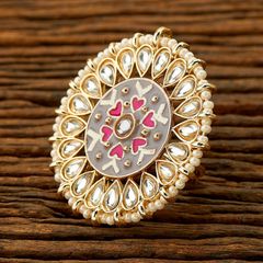 Gold Rodium Polish Black and Grey color Ring in Brass studded with Kundan