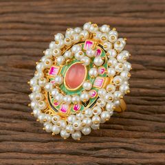 Gold Rodium Polish Green color Ring in Brass studded with Kundan