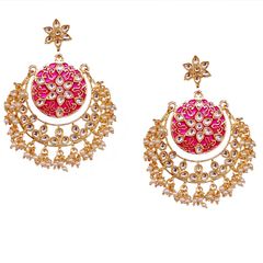 Gold Rodium Polish Pink and Majenta color Earrings in Brass studded with Kundan