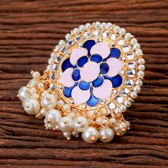 Gold Rodium Polish Pink and Majenta color Ring in Brass studded with Kundan