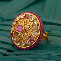 Gold Rodium Polish Gold color Ring in Brass studded with Beads