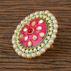 Gold Rodium Polish Multicolor color Ring in Brass studded with Kundan