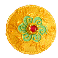 Gold Rodium Polish Green color Ring in Brass studded with Kundan