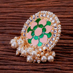 Gold Rodium Polish Multicolor color Ring in Brass studded with Kundan