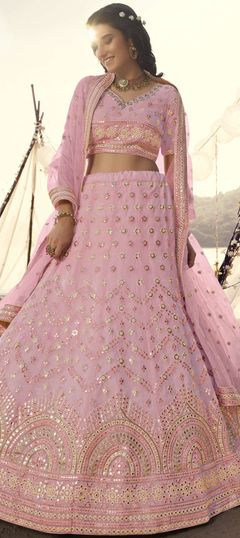 Pink and Majenta color Lehenga in Organza Silk fabric with Mirror, Thread work