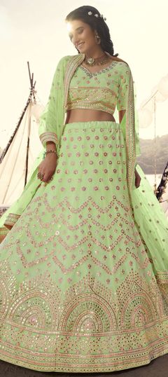 Green color Lehenga in Organza Silk fabric with Mirror, Thread work