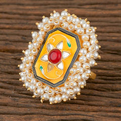 Gold Rodium Polish Multicolor color Ring in Brass studded with Kundan, Pearl