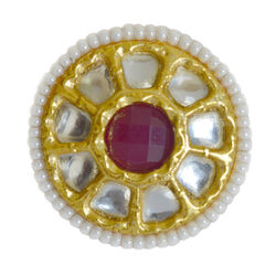 Gold Rodium Polish White and Off White color Ring in Brass studded with Kundan
