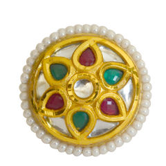 Gold Rodium Polish Multicolor color Ring in Brass studded with Kundan