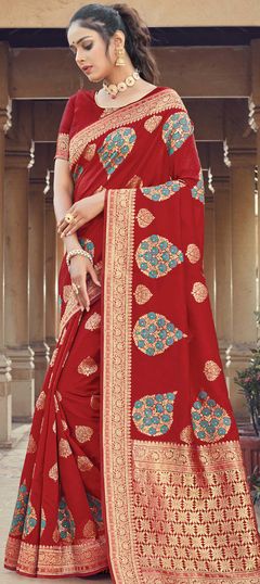 Red and Maroon color Saree in Art Silk, Silk fabric with Weaving work