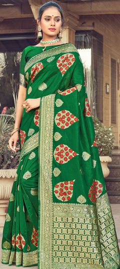 Green color Saree in Art Silk, Silk fabric with Weaving work
