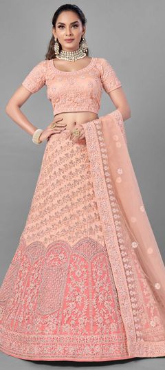 Pink and Majenta color Lehenga in Net fabric with Resham, Zircon work