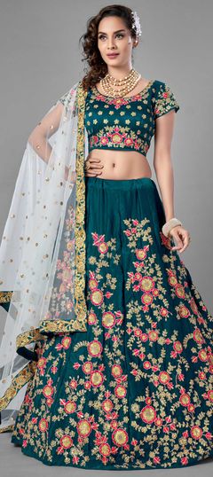 Green color Lehenga in Satin Silk, Velvet fabric with Sequence, Thread, Zari work