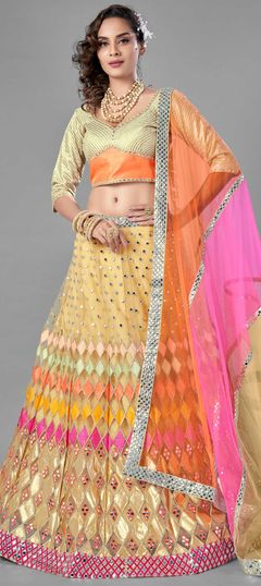Beige and Brown color Lehenga in Net fabric with Mirror, Thread, Zari work