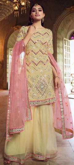 Beige and Brown color Salwar Kameez in Organza Silk fabric with Mirror, Thread work