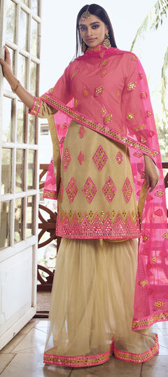 Beige and Brown color Salwar Kameez in Organza Silk fabric with Mirror, Thread work