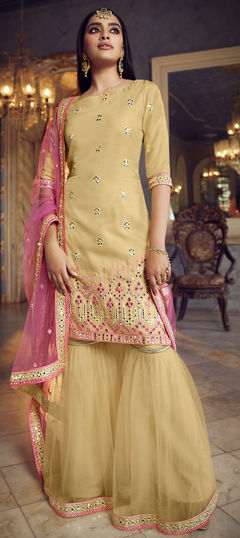 Beige and Brown color Salwar Kameez in Organza Silk fabric with Mirror, Thread work