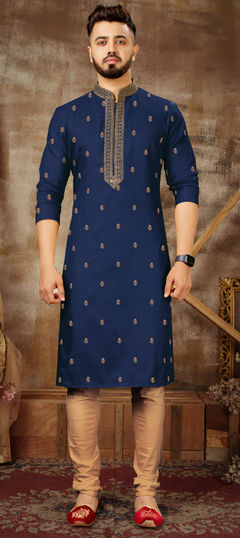 Blue color Kurta Pyjamas in Poly Silk fabric with Embroidered, Resham work