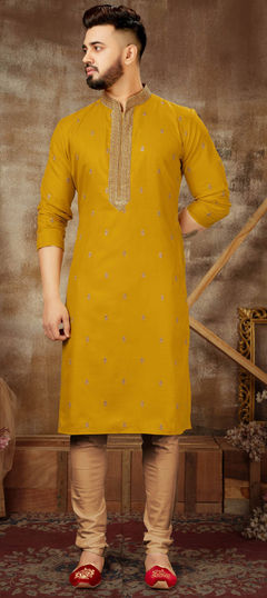 Yellow color Kurta Pyjamas in Poly Silk fabric with Embroidered, Resham work