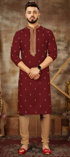 Red and Maroon color Kurta Pyjamas in Poly Silk fabric with Embroidered, Resham work