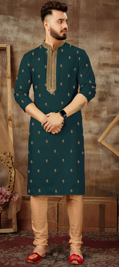 Blue color Kurta Pyjamas in Poly Silk fabric with Embroidered, Resham work