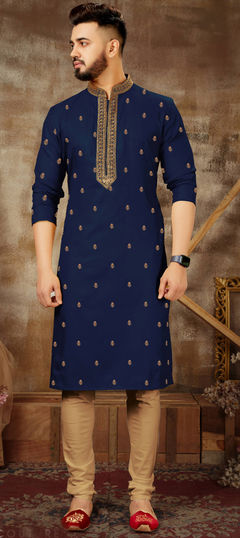 Blue color Kurta Pyjamas in Poly Silk fabric with Embroidered, Resham work