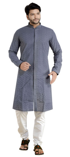 Black and Grey color Kurta Pyjamas in Cotton fabric with Embroidered work