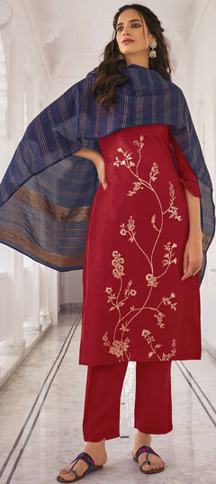 Red and Maroon color Salwar Kameez in Viscose fabric with Bugle Beads, Thread, Weaving work