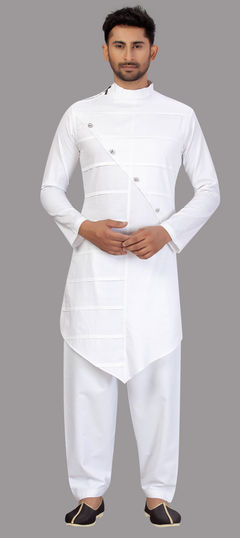 White and Off White color Pathani Suit in Cotton fabric with Thread work