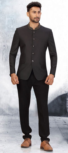 Black and Grey color Jodhpuri Suit in Linen fabric with Thread work