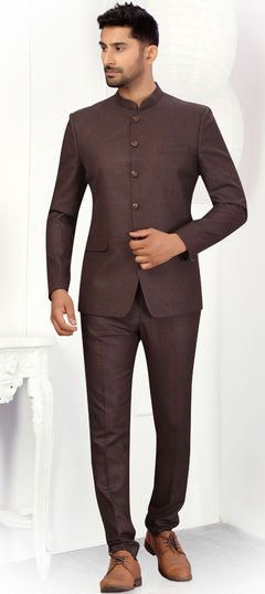 Red and Maroon color Jodhpuri Suit in Linen fabric with Thread work