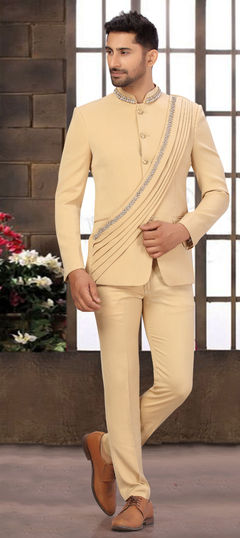 Beige and Brown color Jodhpuri Suit in Brocade fabric with Stone work