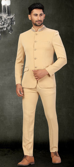 Beige and Brown color Jodhpuri Suit in Brocade fabric with Stone work : 1717591