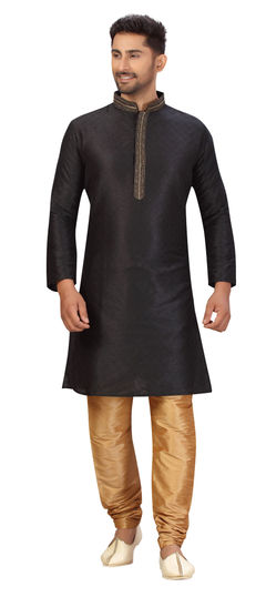 Black and Grey color Kurta Pyjamas in Art Silk fabric with Thread work