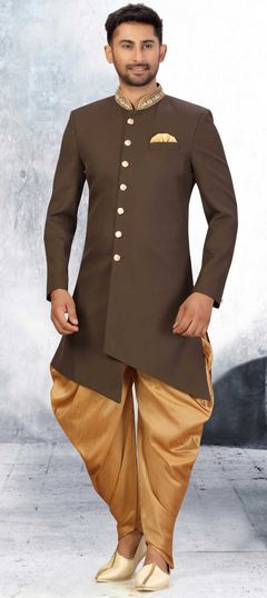 Beige and Brown color IndoWestern Dress in Brocade fabric with Bugle Beads, Cut Dana work