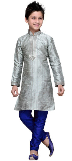 Black and Grey color Boys Kurta Pyjama in Dupion Silk fabric with Embroidered, Thread work : 1718270